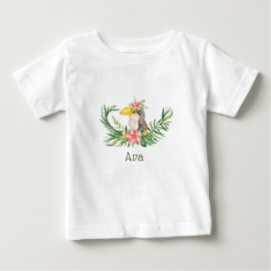 トロピカル トゥカン 鳥 花のベビーシャワー ベビーTシャツ