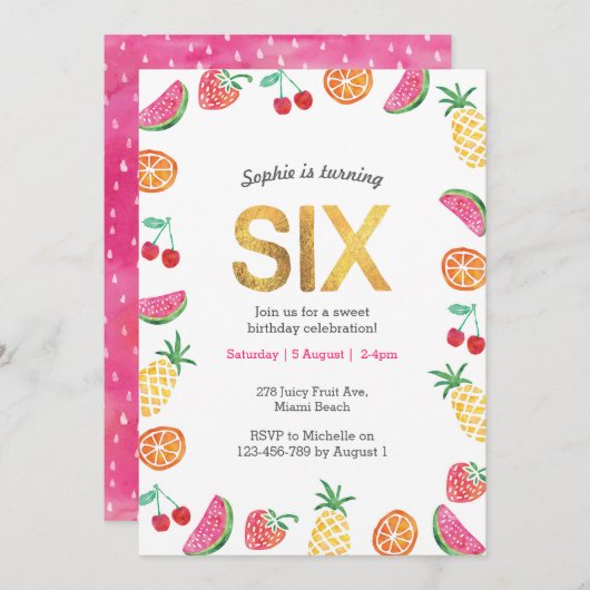 トロピカル・トゥッティ・フルッティ・ゴールド 6歳の誕生日招待状 招待状 (正面/裏面)