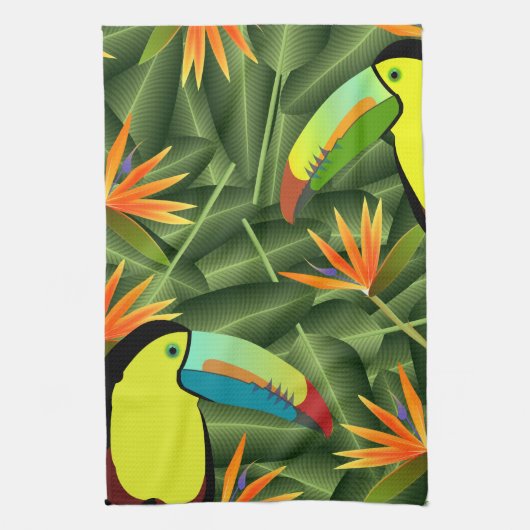 トロピカル·トゥーカン&バード·オブ·パラダイス キッチンタオル (縦)