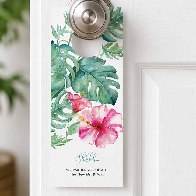 トロピカル ドゥノットディスターブ ドアノブサイン (Do not disturb door hanger designed with watercolor pink hibiscus flowers and monstera leaves.)