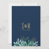 トロピカル ネイビーブルー ゴールド グリッター フローラル ウェディング 招待状 (裏面)