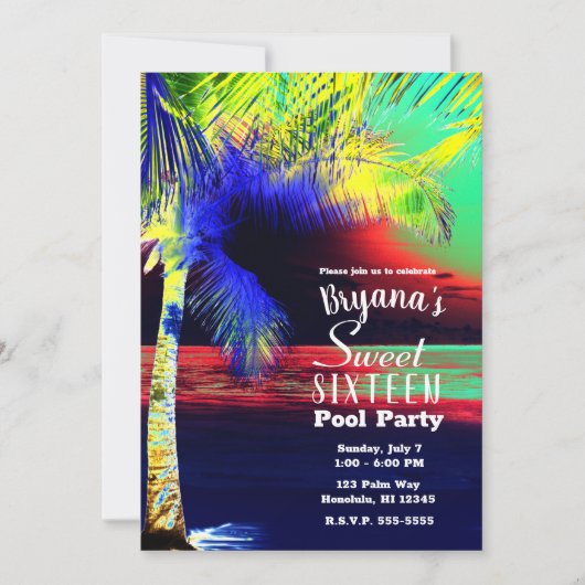 トロピカル ネオン カラー ビーチ パーム スイート 16 招待状 (正面)