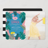 トロピカル ネオン ピンク プール ガール 誕生日 フォト 招待状 (正面/裏面)