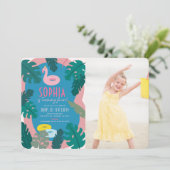 トロピカル ネオン ピンク プール ガール 誕生日 フォト 招待状 (スタンド正面)