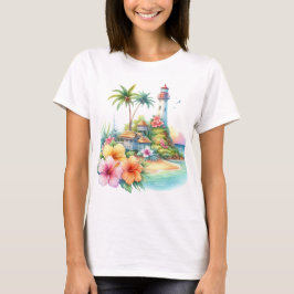 トロピカル+ハイビスカスの花と灯台 Tシャツ