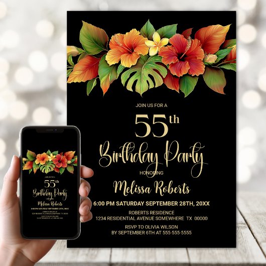 トロピカル+ハイビスカス+フラワーの黒の55歳の誕生日パーティー 招待状