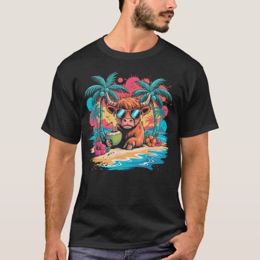 トロピカル・ハイランド・カウ 夏の雰囲気 楽しい Tシャツ (正面)