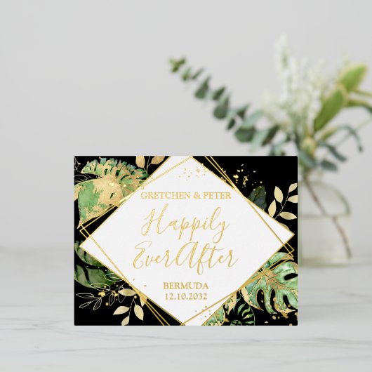 トロピカル ハッピーエバーアフター ふたりだけの結婚式 レセプション 箔招待状ポストカード (立ち正面)