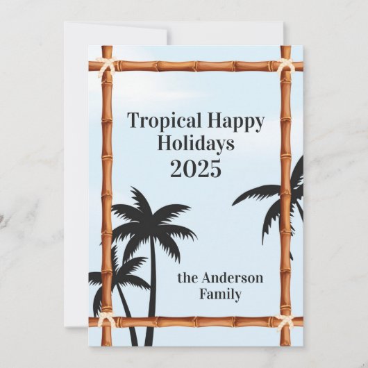 トロピカル ハッピー ホリデー、竹フレームとヤシの木 シーズンカード (正面)