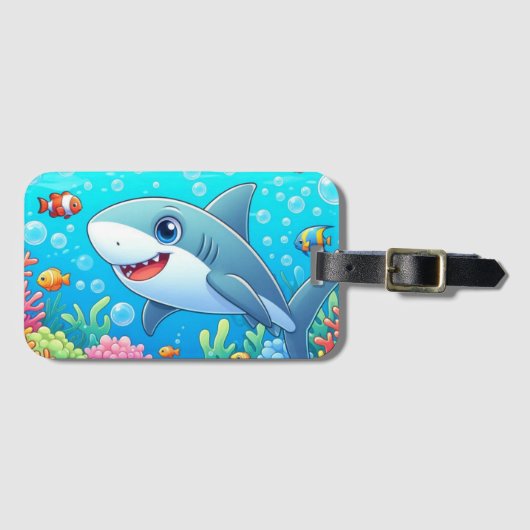 トロピカル/ハワイのカラフルな水中サメとカメ ラゲッジタグ (正面横)