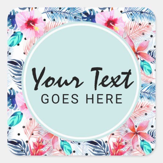 トロピカル ハワイアン ヒビスカス & パームリーフ ウォーターカラー スクエアシール (正面)