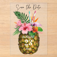 トロピカル ハワイアン フラワーとパイナップルのSave the Date