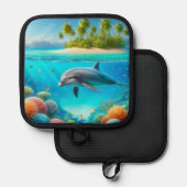 トロピカル/ハワイカラフル水中イルカ 鍋敷き (正面/裏面)