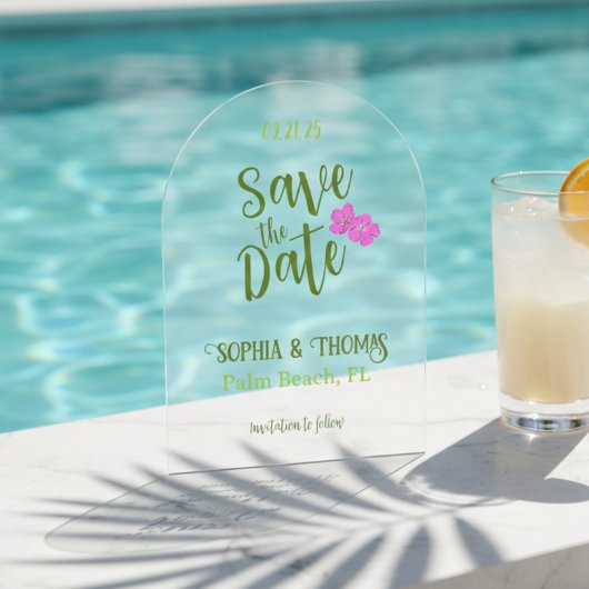 トロピカル ハンドドローンピンクとグリーン アクリル招待状