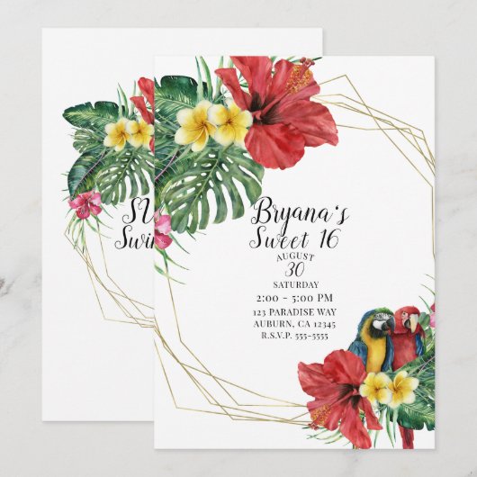 トロピカル パラダイス 鳥 花 ボタニカル スウィート 16 招待状 (正面/裏面)