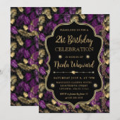 トロピカル パープル&ゴールド レオパード プリント 21歳の誕生日 招待状 (正面/裏面)