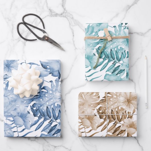 トロピカル パープル ブルー クリーム フローラル リーフ 誕生日 ラッピングペーパーシート (正面)