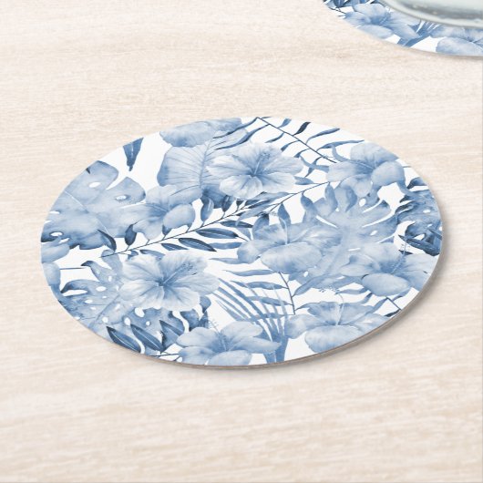 トロピカル パープル ブルー 花 葉 ブライダル シャワー ラウンドペーパーコースター (アングル)