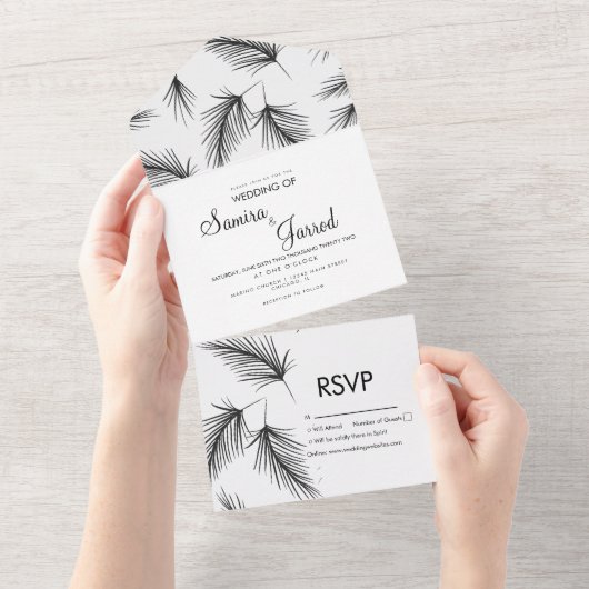 トロピカル パームリーフ 手描き ブラック ウェディング オールインワン招待状 (貼ってはがせる)