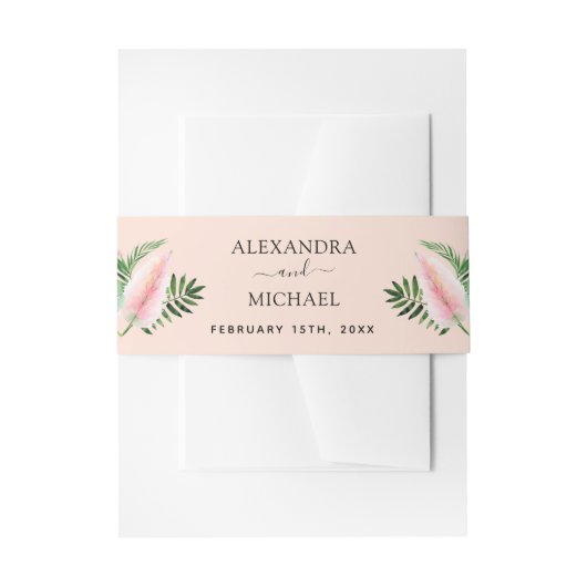 トロピカル パーム ウォーターカラー ブラッシュ ピンク ハワイアン 招待状ベリーバンド (正面例)