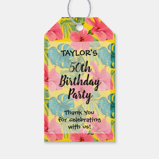 トロピカル ピンク ハイビスカス 誕生日パーティー サンクス ギフトタグ (正面)