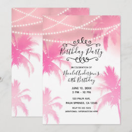 トロピカル ピンク パーム ツリー & ライト 誕生日パーティー 招待状