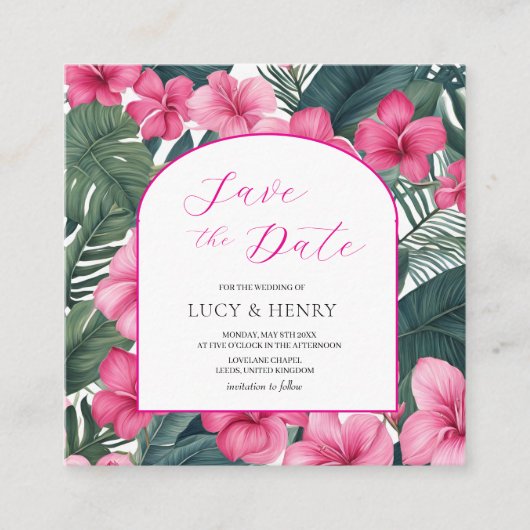 トロピカル ピンク ホリデー フローラル エンクロージャーカード (正面)