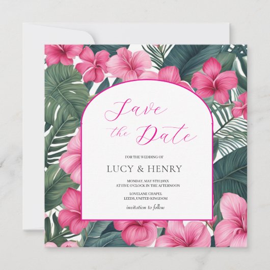 トロピカル ピンク ホリデー フローラル セーブザデート (正面)