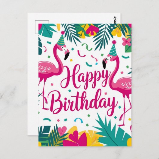 トロピカル ファン フラミンゴ 誕生日 デザイン ポストカード (正面/裏面)
