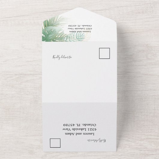 トロピカル フォリアージ グリーン ウォーターカラー ウェディング オールインワン招待状 (外側)