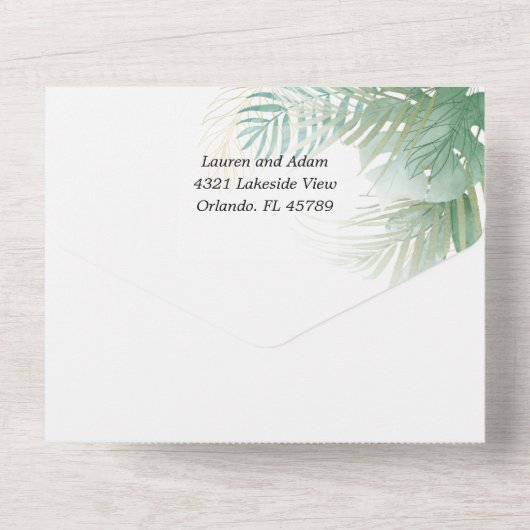 トロピカル フォリアージ グリーン ウォーターカラー ウェディング オールインワン招待状 (裏面)