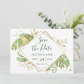 トロピカル フォリアージ グリーン & ゴールド ジオメトリック フレーム セーブザデート (スタンド正面)