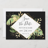 トロピカル フォリアージ ブラック&ゴールド エレガント ジオメトリック セーブザデート (正面)