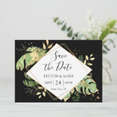 トロピカル フォリアージ ブラック&ゴールド エレガント ジオメトリック セーブザデート (スタンド正面)