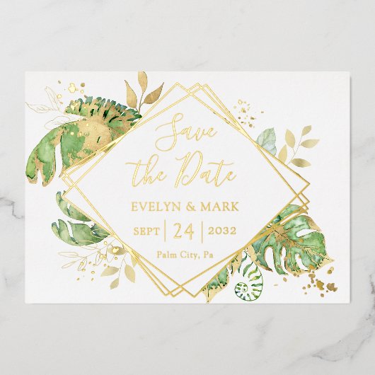 トロピカル フォリア ゴールド フォイル セーブ ザ デート 箔招待状 (正面)