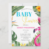 トロピカル フラミンゴ サマー フローラル ベイビー シャワー 招待状 (正面)