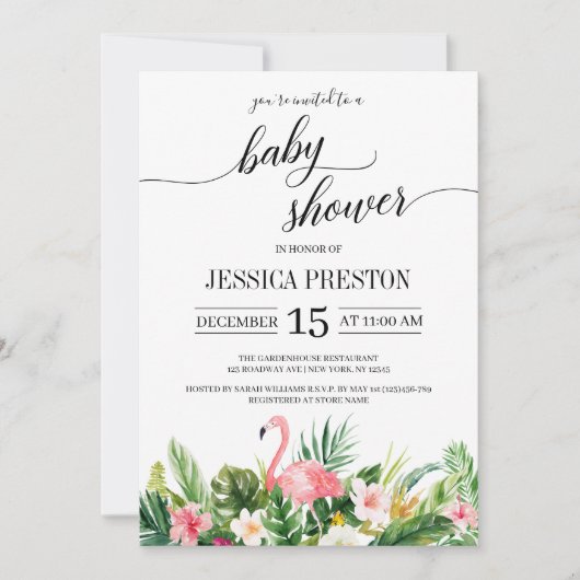 トロピカル フラミンゴ リーフ スクリプト ベビー シャワー 招待状 (正面)