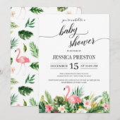 トロピカル フラミンゴ リーフ スクリプト ベビー シャワー 招待状 (正面/裏面)