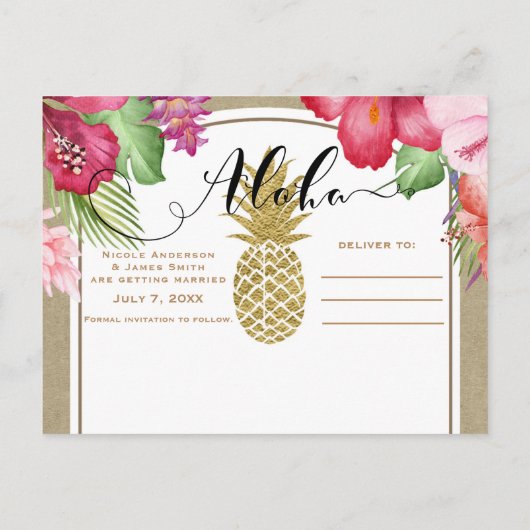 トロピカル フラワーズ & ゴールド パイナップル セーブ ザ デート 案内ポストカード (裏面)