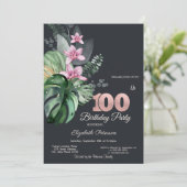トロピカル フラワーズ ダーク 100歳の誕生日 招待状 (スタンド正面)