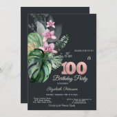 トロピカル フラワーズ ダーク 100歳の誕生日 招待状 (正面/裏面)