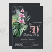 トロピカル フラワーズ ダーク 50歳の誕生日 招待状 (正面/裏面)