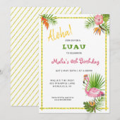 トロピカル フラワー & フラミンゴ バースデー ルアウ 招待状 (正面/裏面)