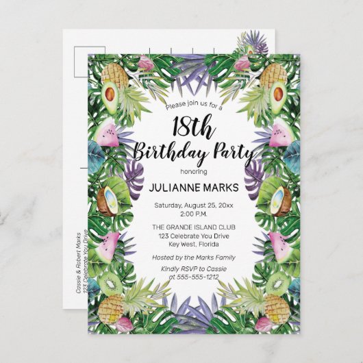トロピカル・フルーツの緑の草木の夏の第18誕生会 インビテーションポストカード (正面/裏面)