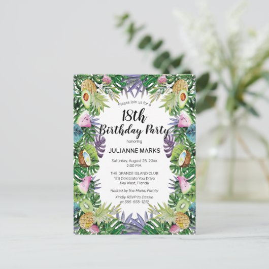 トロピカル・フルーツの緑の草木の夏の第18誕生会 インビテーションポストカード (スタンド正面)