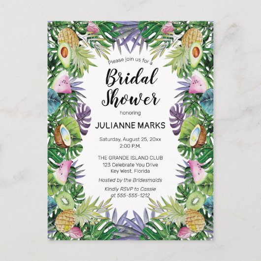 トロピカル・フルーツ|の緑の草木の夏のブライダルシャワー インビテーションポストカード (正面)