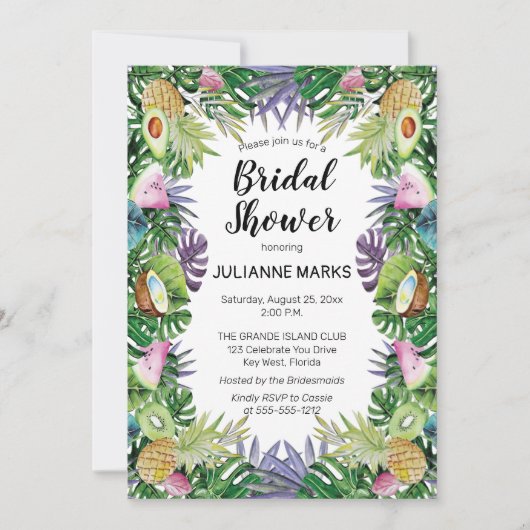 トロピカル・フルーツ|の緑の草木の夏のブライダルシャワー 招待状 (正面)