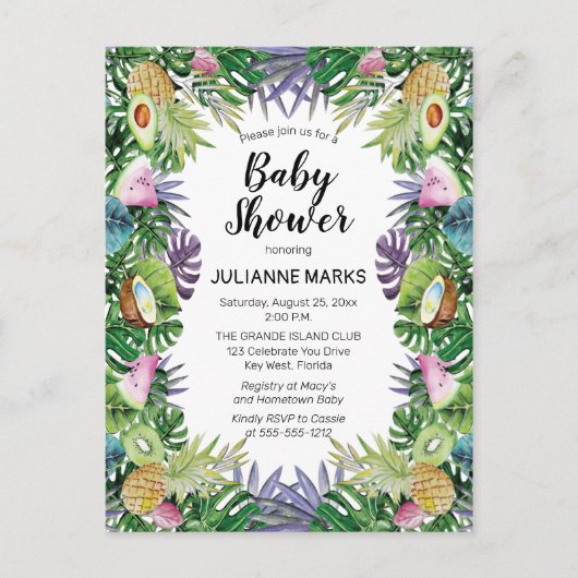 トロピカル・フルーツ|の緑の草木の夏のベビーシャワー インビテーションポストカード (正面)