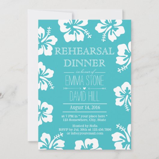 トロピカル フローラル ウェディング ターコイズ リハーサル ディナー 招待状 (正面)