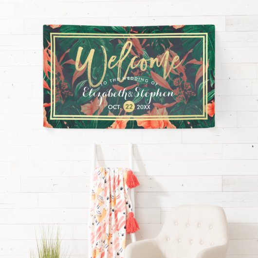 トロピカル フローラル&ゴールド フォイル フレーム ウェディング ウェルカム 横断幕 (インサイチュ)